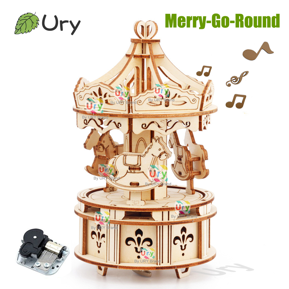 Music Box Wooden 3D Puzzle Rotating - Rotatable DIY 3D Puzzles Carousel Merry-Go-Round
